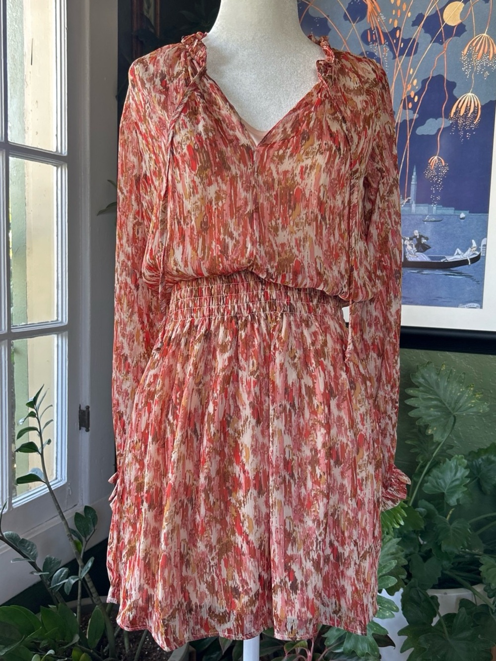 NWT Nine Britton Smocked Long Sleeve Chiffon Mini Dress XS